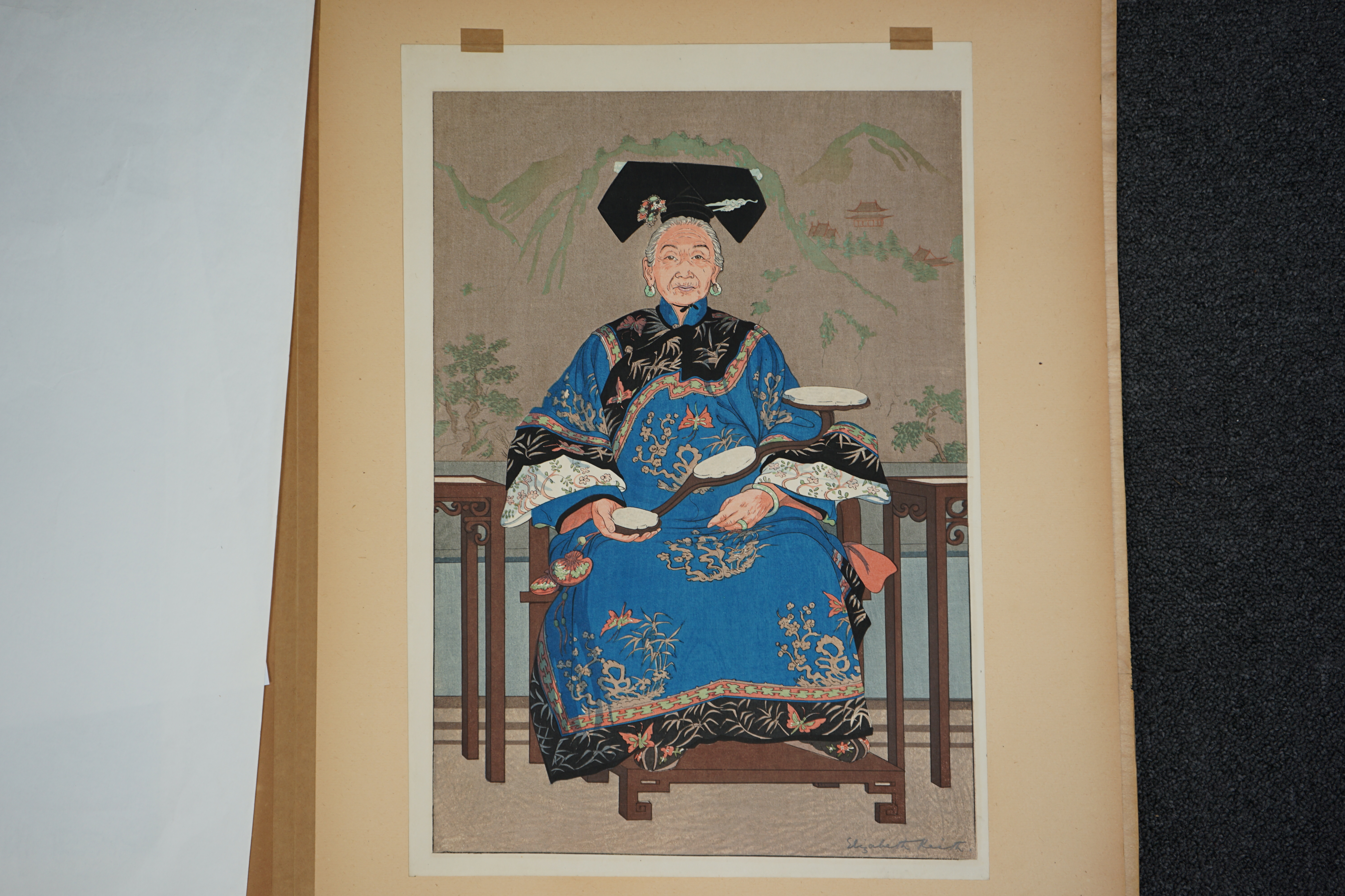Elizabeth Keith (Scottish, 1887-1956), 'Manchu Lady of the Last Dynasty - Peking 1925', woodblock print, 45 x 31.5cm
